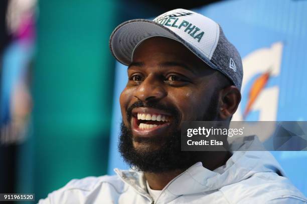 Fletcher Cox of the Philadelphia Eagles speaks to the media during Super Bowl Media Day at Xcel Energy Center on January 29, 2018 in St Paul,...