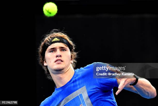 Alexander Zverev of Germany plays a shot during a practice session ahead of the Davis Cup World Group First Round tie between Australia and Germany...