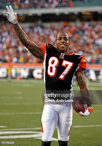 Andre Caldwell of the Cincinnati Bengals celebrates following the game against the Pittsburgh Steelers at Paul Brown Stadium on September 27, 2009 in...