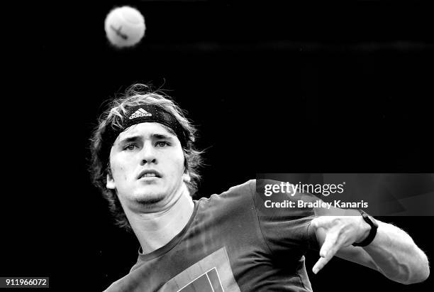 Alexander Zverev of Germany plays a shot during a practice session ahead of the Davis Cup World Group First Round tie between Australia and Germany...