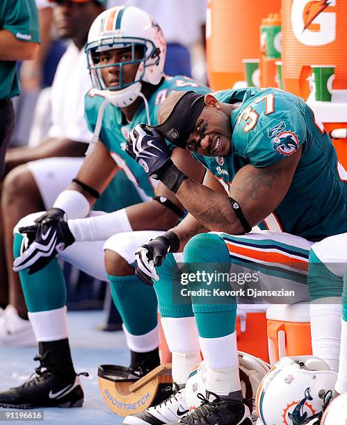 Safety Yeremiah Bell of the Miami Dolphins reacts on the sideline during their loss to San Diego Chargers, 23-13, at Qualcomm Stadium on September...