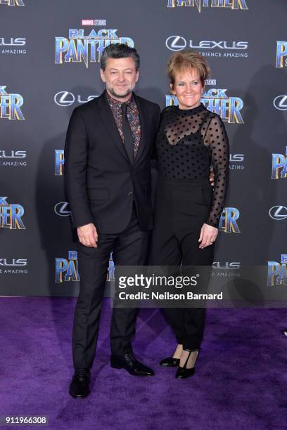 Actors Andy Serkis and Lorraine Ashbourne attends the premiere of Disney and Marvel's "Black Panther" at Dolby Theatre on January 29, 2018 in...