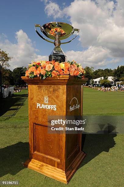 The FedExCup Trophy on display at the first tee box during the final round of THE TOUR Championship presented by Coca-Cola, the final event of the...