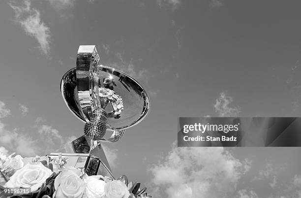 The FedExCup Trophy on display at the first tee box during the final round of THE TOUR Championship presented by Coca-Cola, the final event of the...