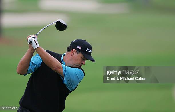 Loren Roberts hits his drive during the second round of the SAS Championship at Prestonwood Country Club held on September 26, 2009 in Cary, North...