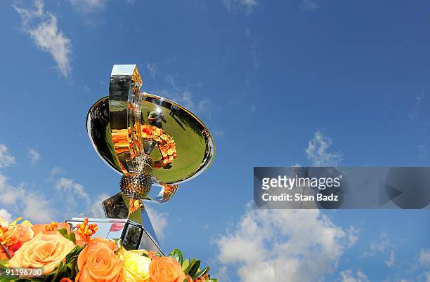 The FedExCup Trophy on display at the first tee box during the final round of THE TOUR Championship presented by Coca-Cola, the final event of the...
