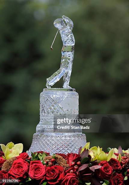 Championship Trophy on display at the first tee box during the final round of THE TOUR Championship presented by Coca-Cola, the final event of the...