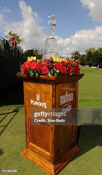 Championship Trophy on display at the first tee box during the final round of THE TOUR Championship presented by Coca-Cola, the final event of the...