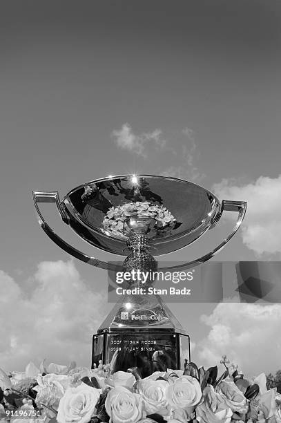 The FedExCup Trophy on display at the first tee box during the final round of THE TOUR Championship presented by Coca-Cola, the final event of the...