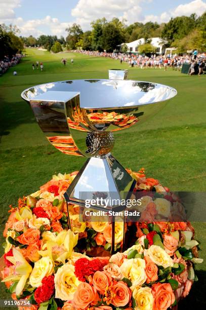 The FedExCup Trophy on display at the first tee box during the final round of THE TOUR Championship presented by Coca-Cola, the final event of the...