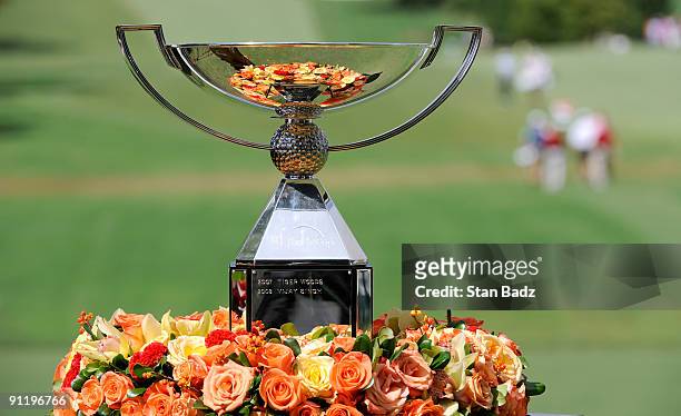 The FedExCup Trophy on display at the first tee box during the final round of THE TOUR Championship presented by Coca-Cola, the final event of the...