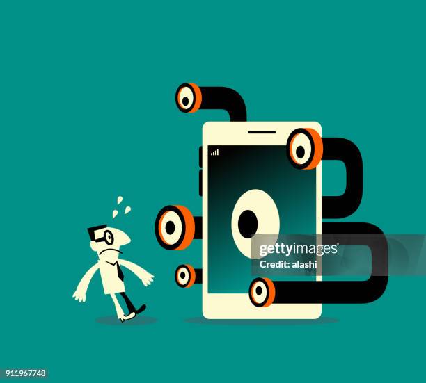 businessman being peeked by periscope from smart phone (mobile phone), we are paying with our data, privacy can be a problem with apps - periscope stock illustrations