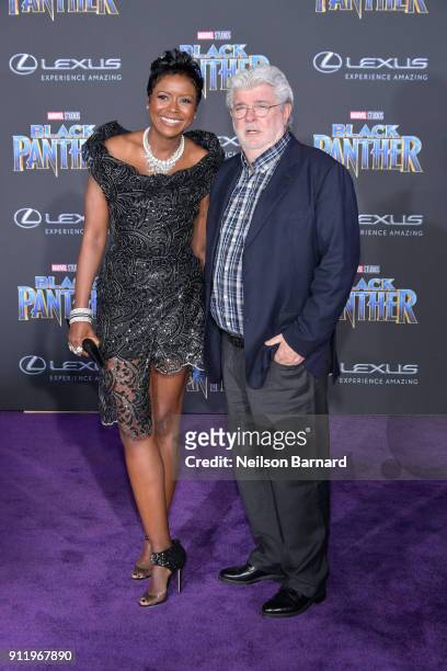 Mellody Hobson and George Lucas attends the premiere of Disney and Marvel's "Black Panther" at Dolby Theatre on January 29, 2018 in Hollywood,...