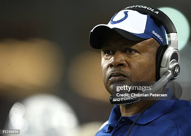 Head coach Jim Caldwell of the Indianapolis Colts looks on in the first quarter during the game against the Arizona Cardinals at University of...