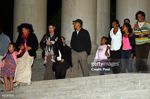 President Barack Obama, fourth from right and family visit the Thomas Jefferson Memorial on September 27, 2009 in Washington DC. Also pictured are...