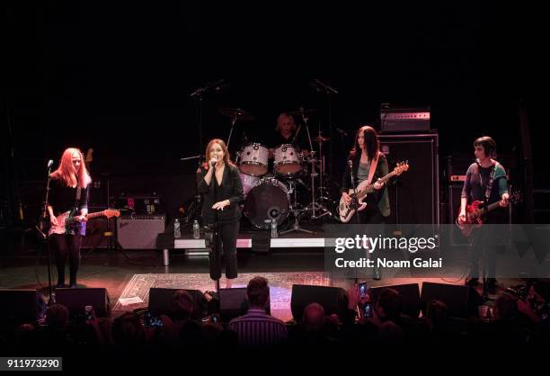 Charlotte Caffey, Belinda Carlisle, Gina Schock, Kathy Valentine and Jane Wiedlin of The Go-Go's performs onstage during a celebration of broadway's...