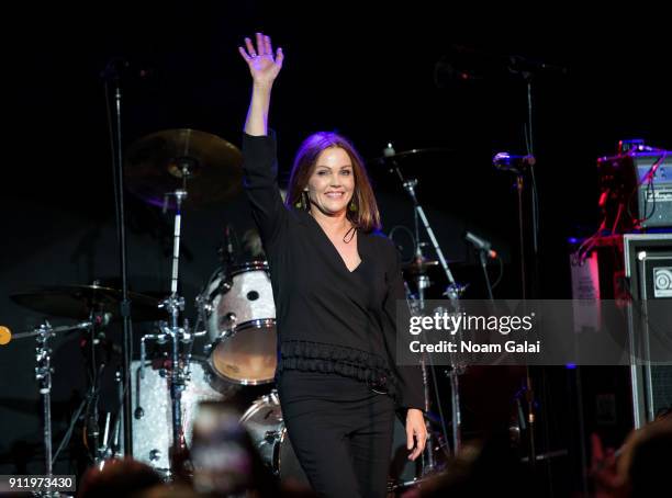 Belinda Carlisle of The Go-Go's performs onstage during a celebration of broadway's new musical 'Head Over Heels' at Bowery Ballroom on January 29,...