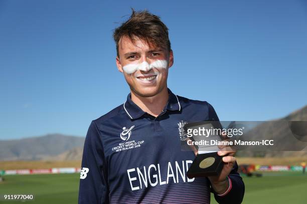 Tom Banton of England poses for a photo after being named player of the match during the ICC U19 Cricket World Cup match between New Zealand and...