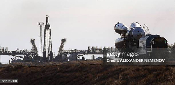 Russian Soyuz TMA-16 rocket is transported to its launch pad at Kazakhstan's Russian-leased Baikonur cosmodrome on September 28, 2009. The crew of...