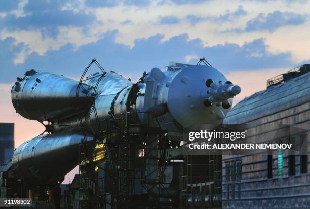 Russian Soyuz TMA-16 rocket is transported to its launch pad at Kazakhstan's Russian-leased Baikonur cosmodrome on September 28, 2009. The crew of...