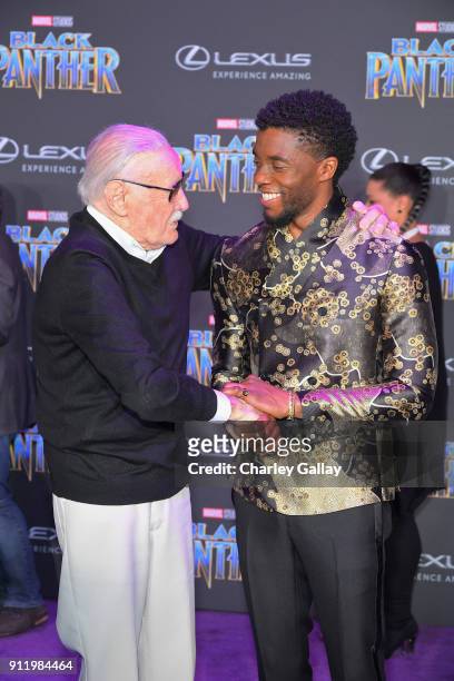 Stan Lee and Chadwick Boseman arrive for the World Premiere of Marvel Studios Black Panther, presented by Lexus, at Dolby Theatre in Hollywood on...