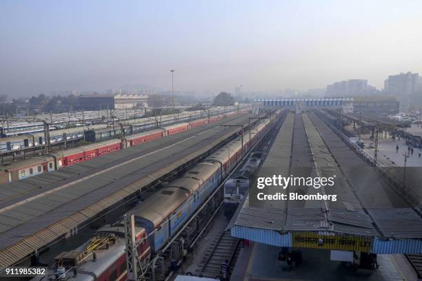 Trains sit at Lokmanya Tilak Terminus in the Kurla suburb of Mumbai, India, on Sunday, Jan. 28, 2018. Mumbai's suburban railway, the oldest in Asia,...