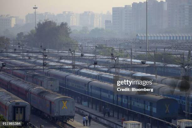 Trains sit at Lokmanya Tilak Terminus in the Kurla suburb of Mumbai, India, on Sunday, Jan. 28, 2018. Mumbai's suburban railway, the oldest in Asia,...