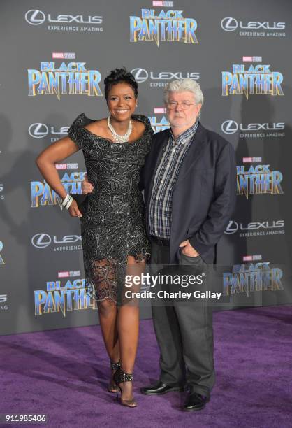 Mellody Hobson and George Lucas arrive for the World Premiere of Marvel Studios Black Panther, presented by Lexus, at Dolby Theatre in Hollywood on...