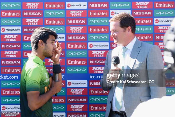 Captain Hasan Khan of Pakistan speaks to presenter Robert Key following the ICC U19 Cricket World Cup Semi Final match between Pakistan and India at...