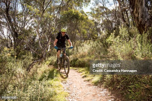 mountain biking in mount kosciuszko national park, australia - thredbo stockfoto's en -beelden