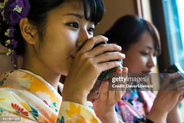 side view of two beautiful woman with traditional dress having tea in kyoto, japan - tea dress stock pictures, royalty-free photos & images