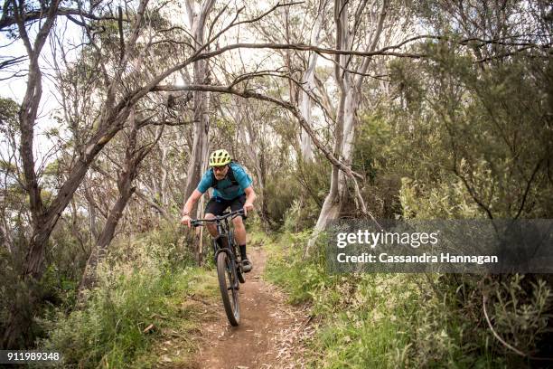 mountain biking in mount kosciuszko national park, australia - thredbo stockfoto's en -beelden