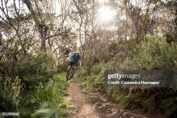 mountain biking in mount kosciuszko national park, australia - thredbo stockfoto's en -beelden