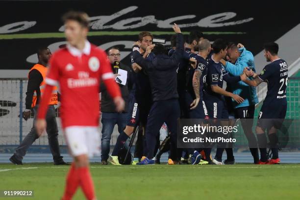 Belenenses's players celebrating their goal during the Portuguese League football match between CF Belenenses and SL Benfica at Restelo Stadium in...