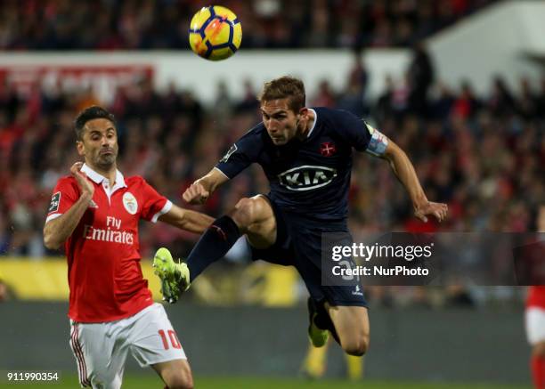 Belenenses's defender Goncalo Silva vies with Benfica's forward Jonas during the Portuguese League football match between CF Belenenses and SL...