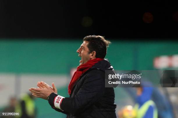 Benfica's coach Rui Vitoria reacts during the Portuguese League football match between CF Belenenses and SL Benfica at Restelo Stadium in Lisbon on...
