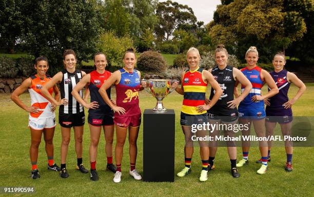 The 2018 AFLW Captains Amanda Farrugia of the Giants, Stephanie Chiocci of the Magpies, Daisy Pearce of the Demons, Emma Zielke of the Lions, Erin...