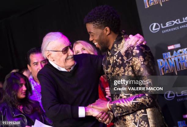 Comic book writer Stan Lee and actor Chadwick Boseman attend the world premiere of Marvel Studios' "Black Panther," on January 29 in Hollywood,...