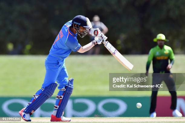 Shiva Singh of India bats during the ICC U19 Cricket World Cup Semi Final match between Pakistan and India at Hagley Oval on January 30, 2018 in...