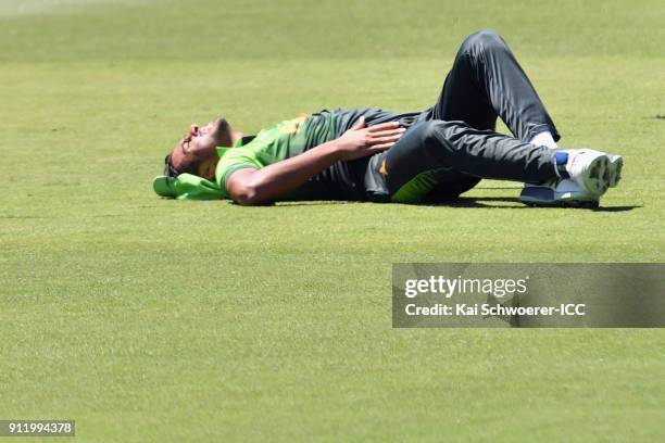 Arshad Iqbal of Pakistan reacting during the ICC U19 Cricket World Cup Semi Final match between Pakistan and India at Hagley Oval on January 30, 2018...