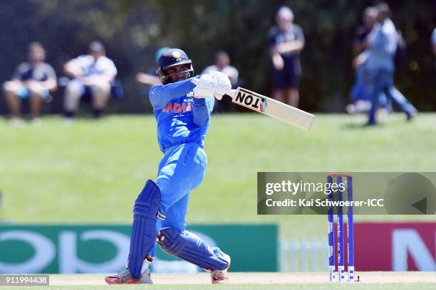 Shivam Mavi of India bats during the ICC U19 Cricket World Cup Semi Final match between Pakistan and India at Hagley Oval on January 30, 2018 in...