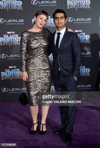 Writer Emily V. Gordon and comedian Kumail Nanjiani attend the world premiere of Marvel Studios Black Panther, on January 29 in Hollywood,...