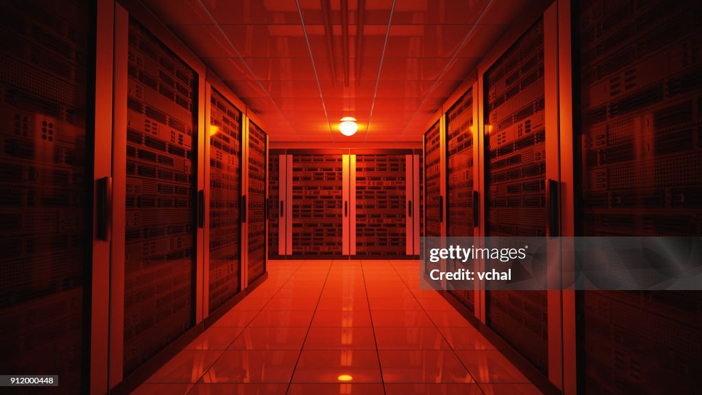 Blackout concept. Emergency failure red light in data center with servers. 3D rendered illustration.