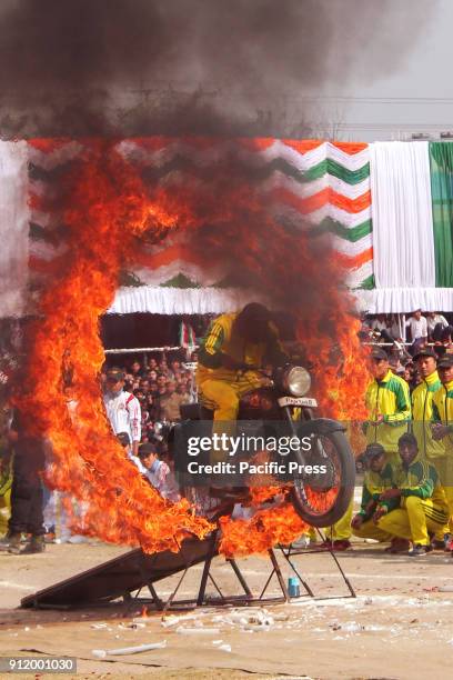 Motorbike stunts mark the 69th Republic Day of India in front of Assam Governor Jagdish Mukhi and Assam Chief minister Sarbananda Sonowal.