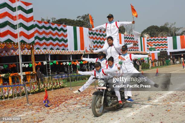 Motorbike stunts mark the 69th Republic Day of India in front of Assam Governor Jagdish Mukhi and Assam Chief minister Sarbananda Sonowal.