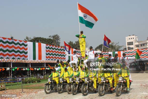 Motorbike stunts mark the 69th Republic Day of India in front of Assam Governor Jagdish Mukhi and Assam Chief minister Sarbananda Sonowal.