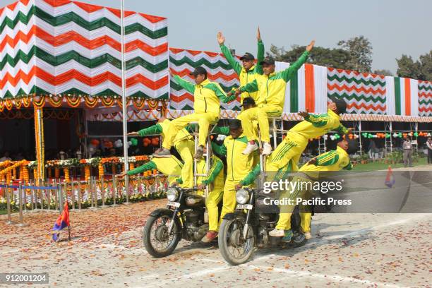 Motorbike stunts mark the 69th Republic Day of India in front of Assam Governor Jagdish Mukhi and Assam Chief minister Sarbananda Sonowal.