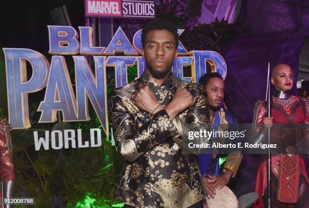 Actor Chadwick Boseman at the Los Angeles World Premiere of Marvel Studios' BLACK PANTHER at Dolby Theatre on January 29, 2018 in Hollywood,...