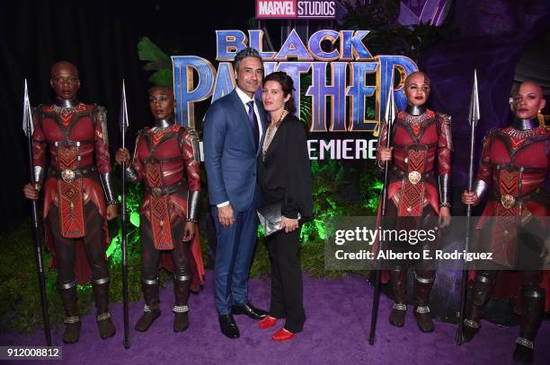 Director Taika Waititi and Chelsea Winstanley at the Los Angeles World Premiere of Marvel Studios' BLACK PANTHER at Dolby Theatre on January 29, 2018...