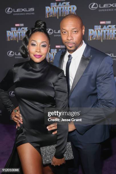 Actors Simone Missick and Dorian Missick at the Los Angeles World Premiere of Marvel Studios' BLACK PANTHER at Dolby Theatre on January 29, 2018 in...